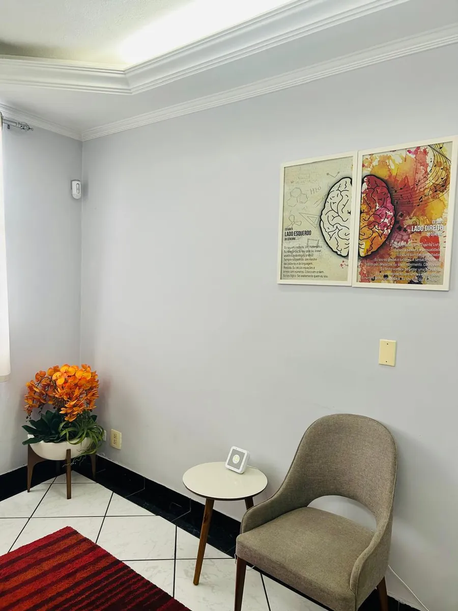 Poltrona, flores e quadros coloridos no consultório de Jandira
