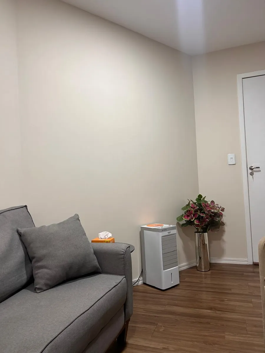 Sofá cinza e flores na sala do consultório de Jandira